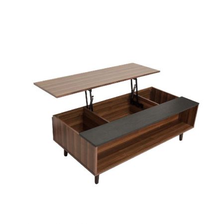 Die mittlere Trennwand ist mit einer CNC-gefrästen Kurve versehen, die sich zum Einführen und Anheben der Tischplatte eignet. Der mittlere Raum bietet eine Ablagefläche von 57,6 x 38,7 x 23,0 cm. Links und rechts stehen 28,0 x 38,7 x 23,0 cm zur Verfügung. Die Bodenplatte ist mit fünf schwarzen Massivholzfüßen ausgestattet. Zusätzlich zu den vier Beinen befindet sich in der Mitte der Bodenplatte ein Stützgewicht.